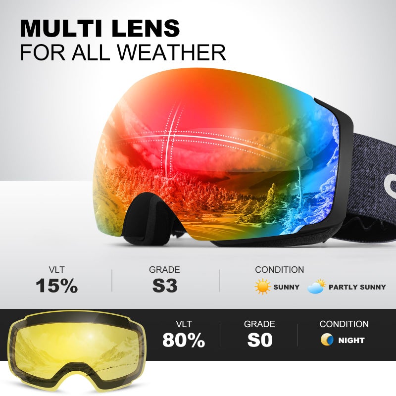 Odoland Magnetic Interchangeable Ski Goggles with 2 Lens, Large Spherical Frameless Snow Snowboard Goggles for Men Women, Black Frame Blaze Lens vlt15% - Image 3
